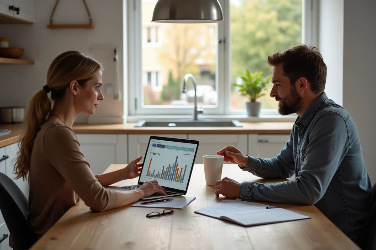 Couple d'investisseurs particuliers étudiant le rendement de leur placement SCPI sur un ordinateur à domicile