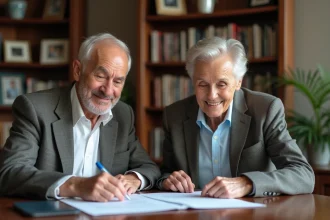 Couple senior en tenue élégante dans un bureau chaleureux