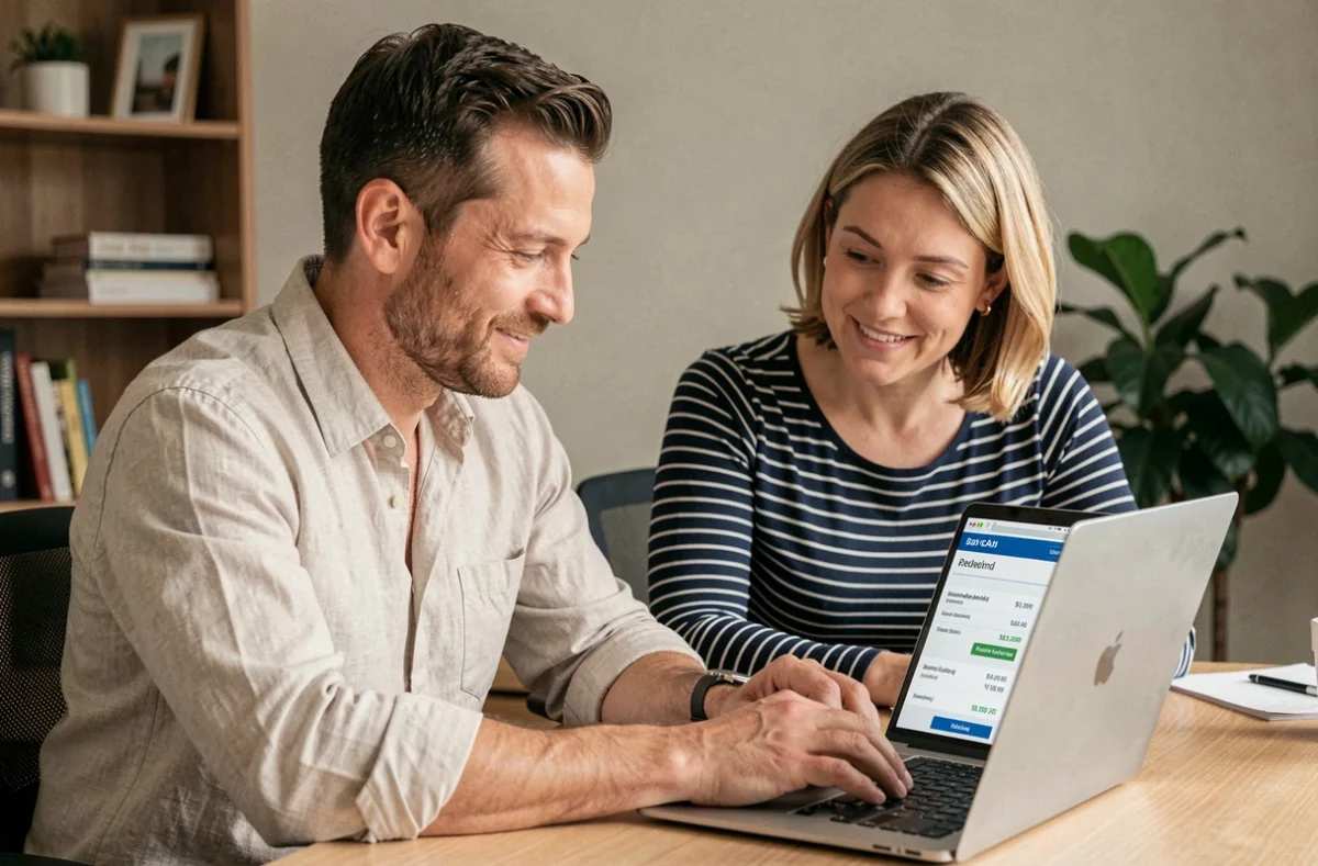 Couple consultant un virement bancaire en ligne le week-end sur un ordinateur portable depuis leur bureau à domicile