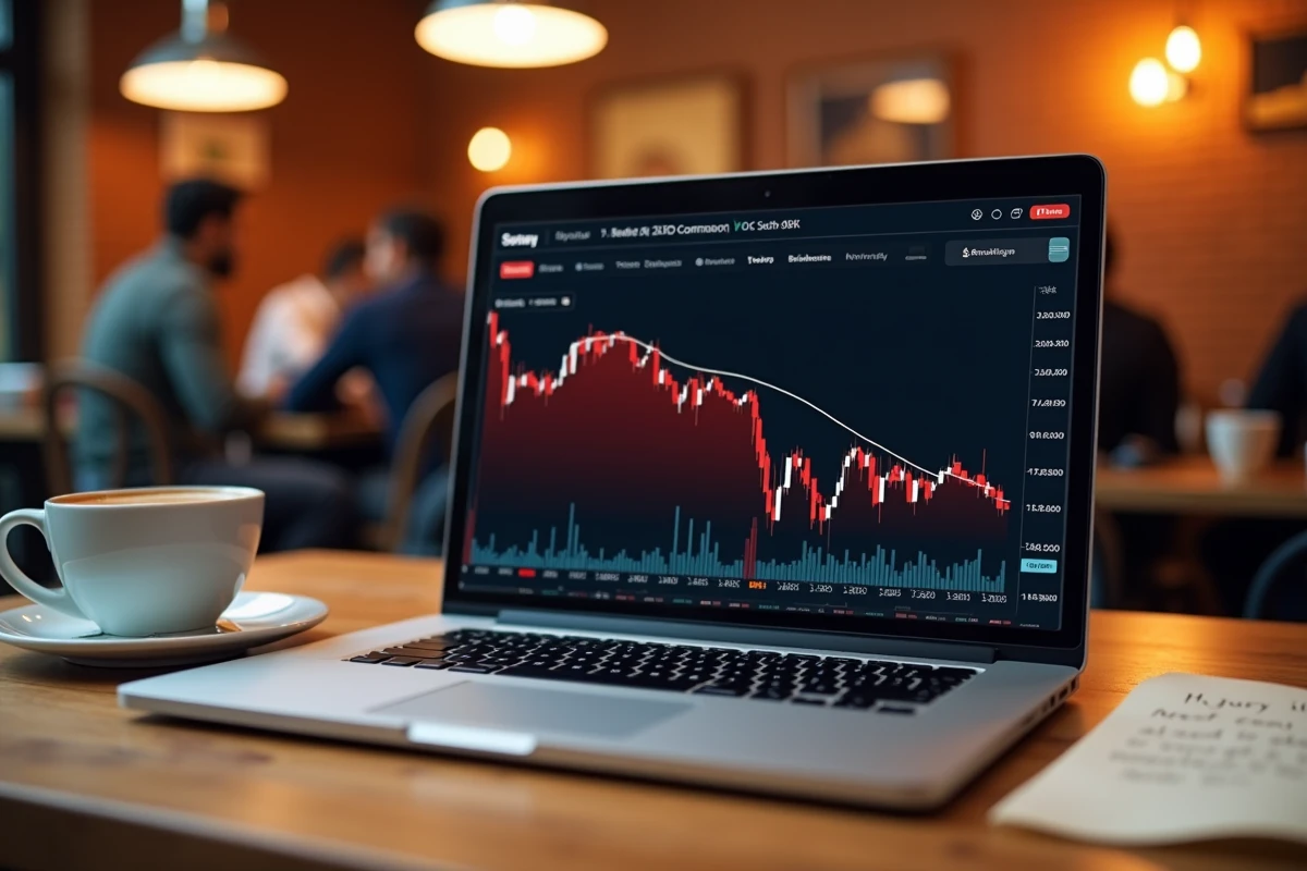 Écran d'ordinateur portable affichant la chute du cours de Solana comparée à d'autres cryptomonnaies dans un café