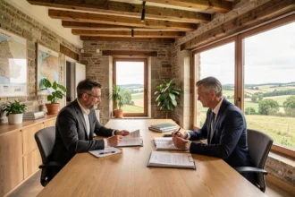 Scène de consultation avec un courtier en crédit immobilier dans un bureau moderne en Saône-et-Loire