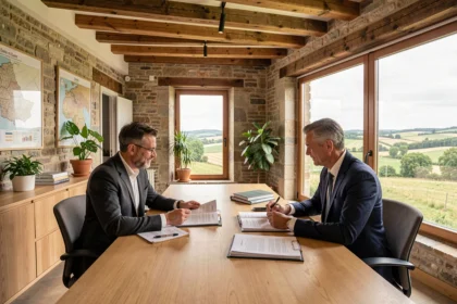 Scène de consultation avec un courtier en crédit immobilier dans un bureau moderne en Saône-et-Loire