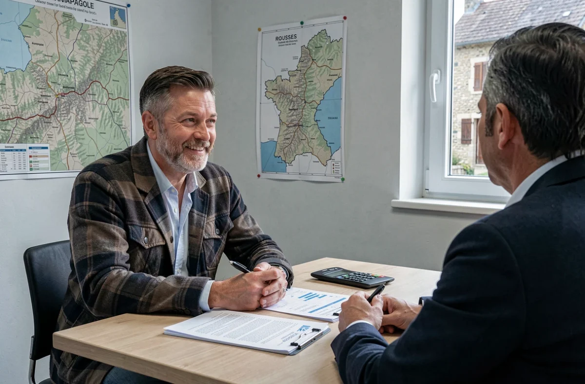 Un courtier du Courtier Jurassien discute d'un dossier de crédit professionnel avec un chef d'entreprise local dans un bureau aux Rousses, avec une carte de la région Jura visible en arrière-plan.