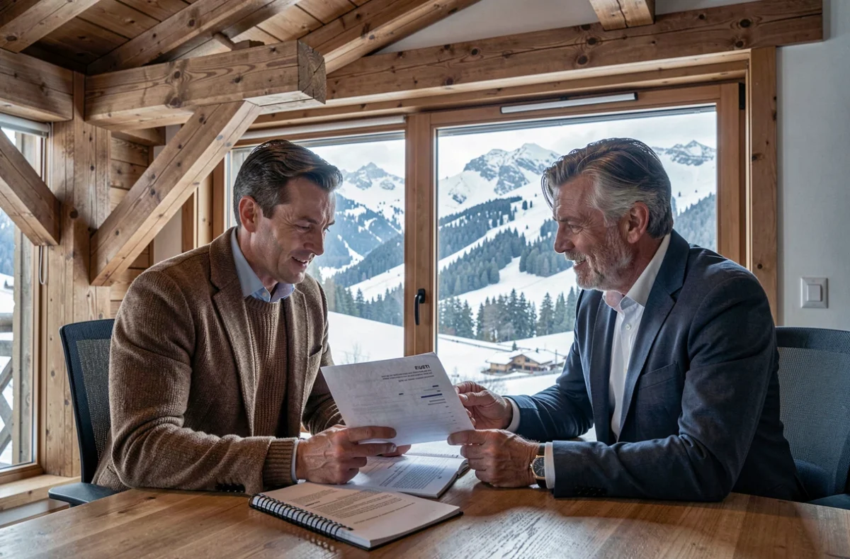 Un courtier de Courtier Métabief conseille un entrepreneur en zone de montagne dans un bureau au style chalet, avec un paysage alpin enneigé visible par la fenêtre près de Métabief.