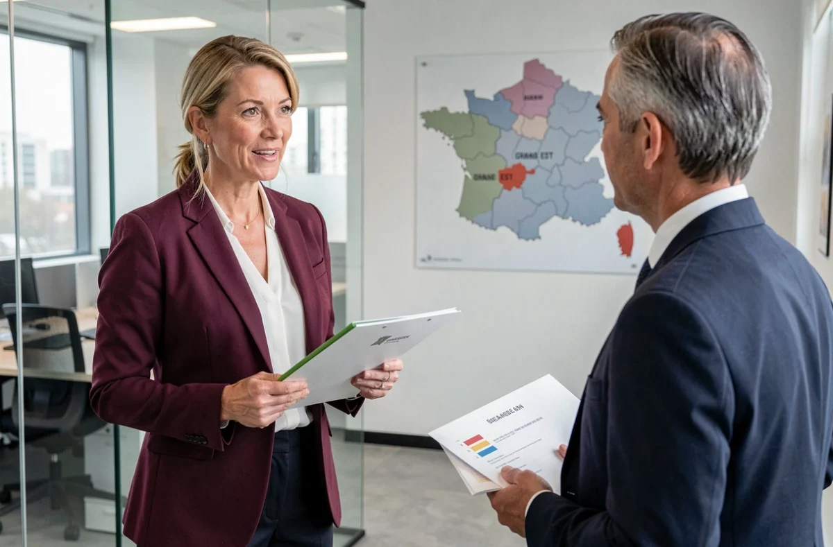 Une conseillère de Crédit Courtier de France discute d'un plan de financement avec un client professionnel dans un bureau moderne, avec une carte du Grand Est visible en arrière-plan.