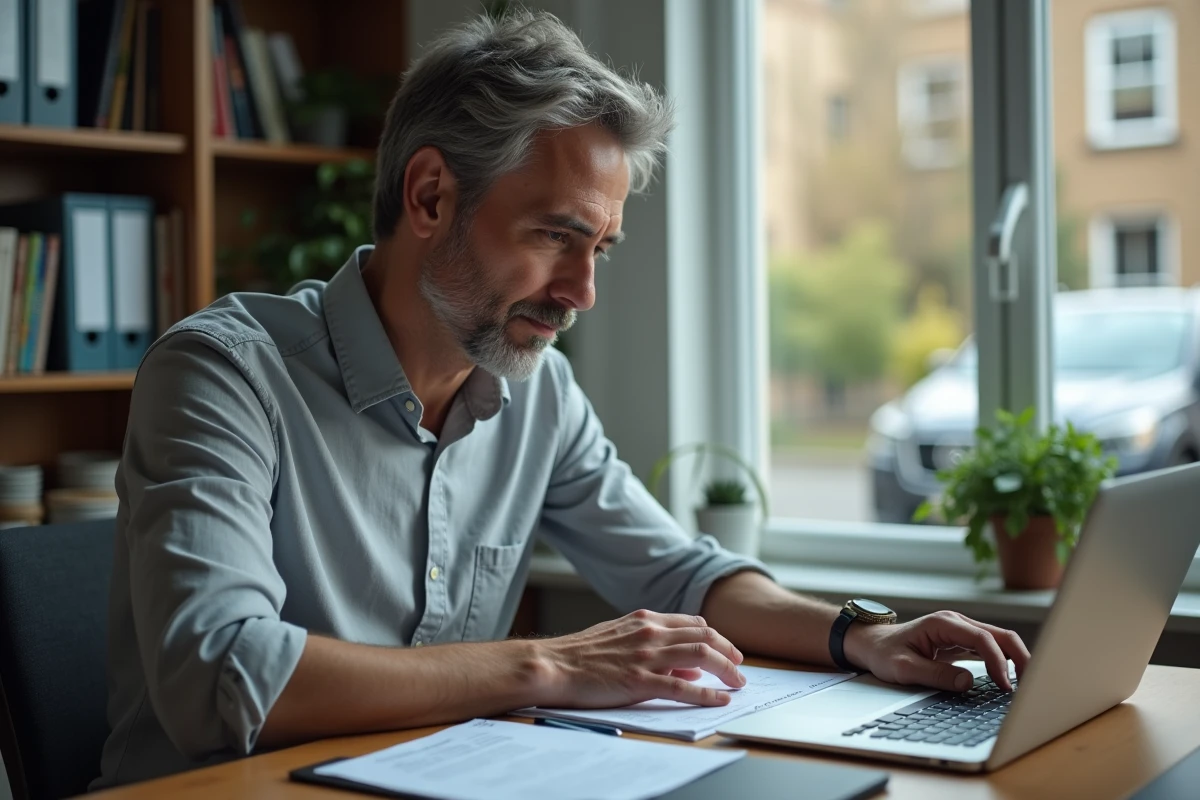 Homme effectuant des démarches administratives en ligne sur ordinateur portable depuis son domicile