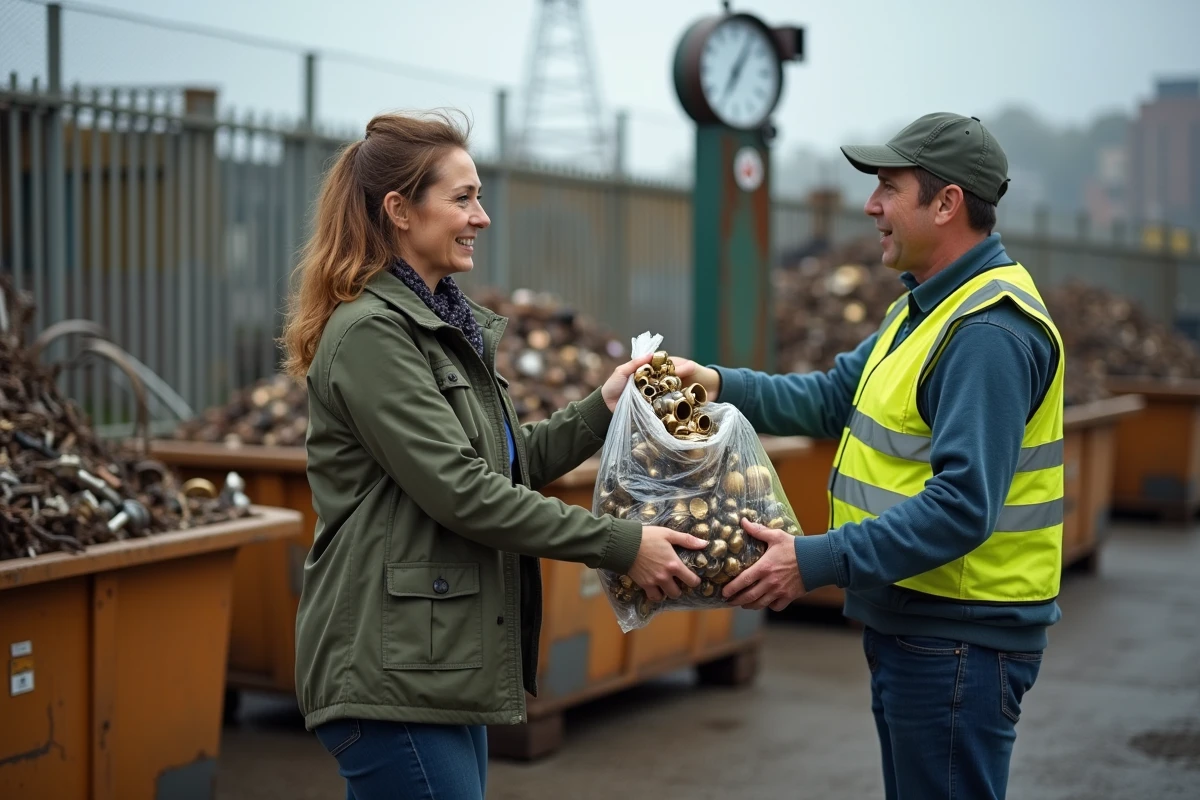 Une femme apportant des pièces en laiton à un centre de recyclage de métaux pour en connaître le prix au kilo