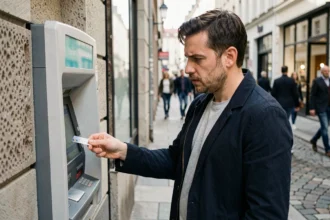 Homme utilisant un distributeur automatique de billets en urgence dans une rue commerçante européenne