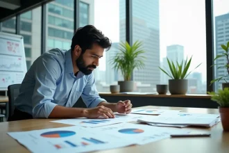 Économiste analysant des graphiques de développement économique mondial sur une table de conférence