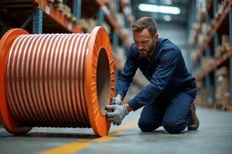 Électricien inspectant un câble cuivre non dénudé dans un entrepôt industriel