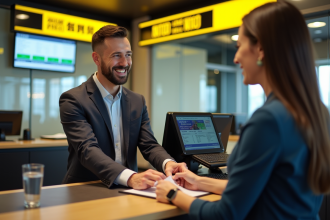Personne envoyant de l'argent à un guichet Western Union dans une banque moderne