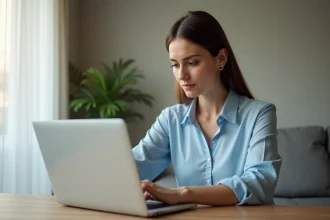Femme utilisant un ordinateur portable pour envoyer de l'argent via Western Union depuis son domicile en France