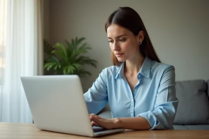Femme utilisant un ordinateur portable pour envoyer de l'argent via Western Union depuis son domicile en France