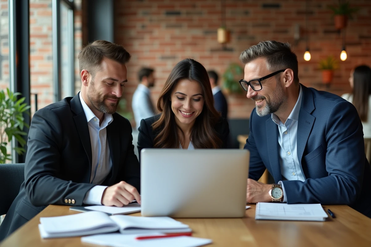 Équipe de professionnels collaborant sur un dossier de financement de formation professionnelle dans un espace de coworking
