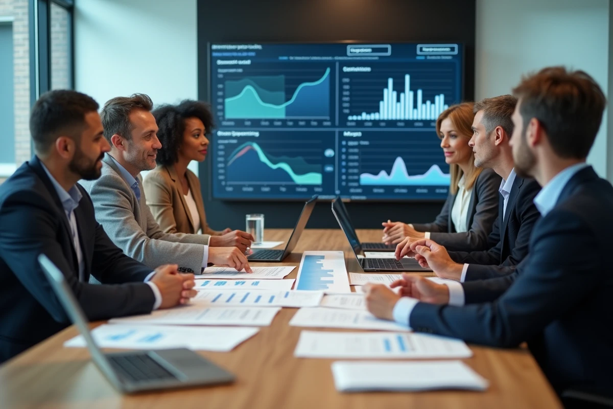 Groupe de professionnels discutant de rapports de crédit