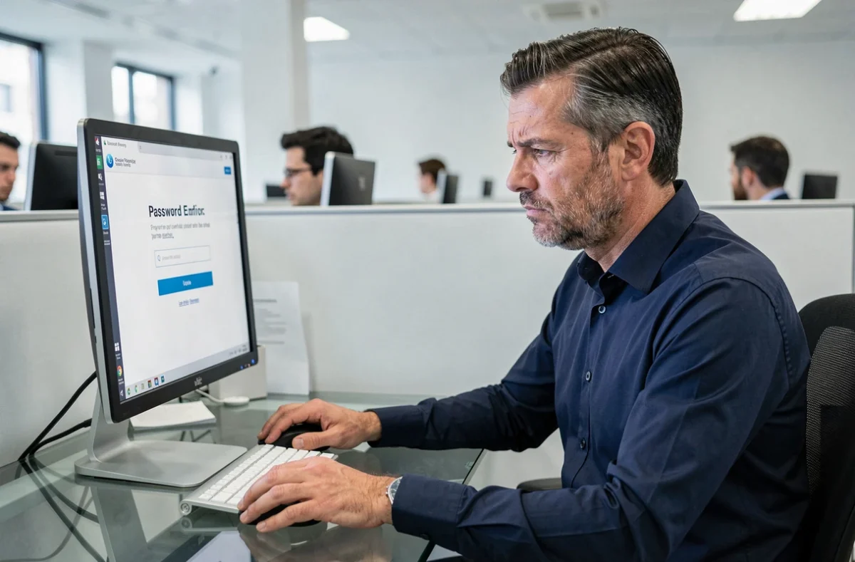 Homme face à un message d'erreur de mot de passe lors de la connexion à son compte sur un écran de bureau en bureau open space