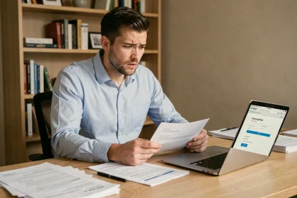 Homme confus consultant des documents d'assurance Quadretto avec formulaire de souscription ouvert sur ordinateur portable