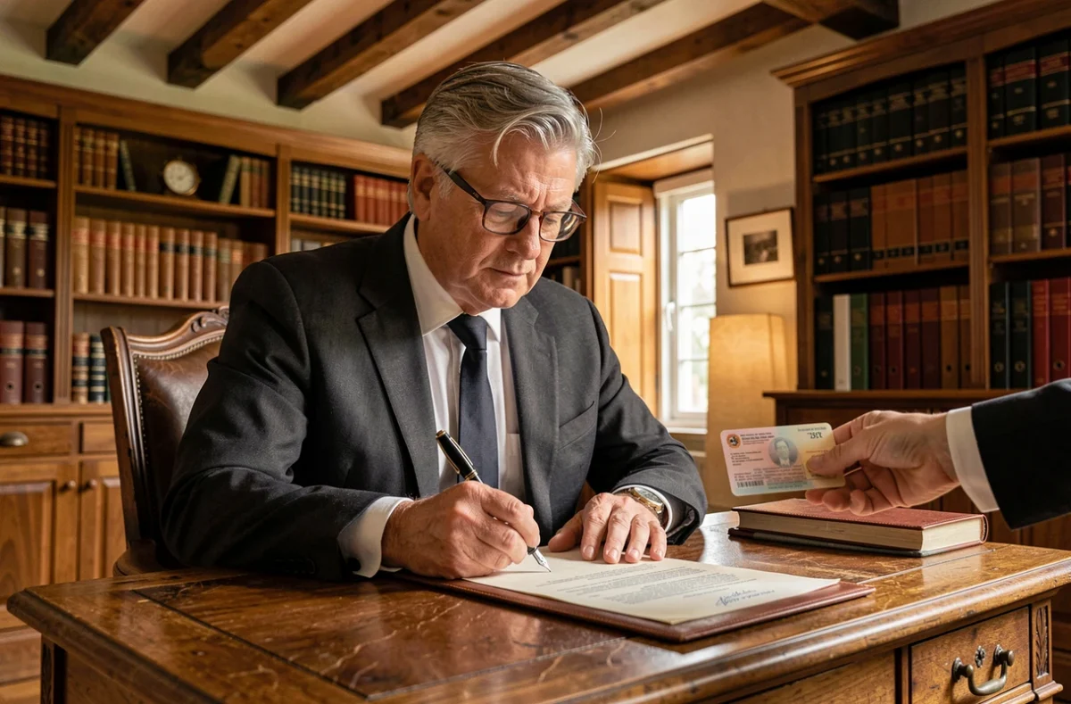 Notaire en costume sombre signant un acte officiel à la plume dans une étude traditionnelle avec poutres apparentes