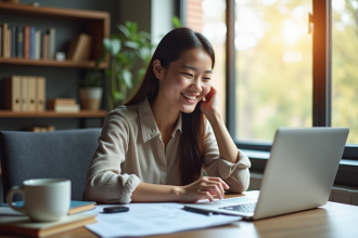 Etudiant souriant étudiant en finance avec documents et ordinateur