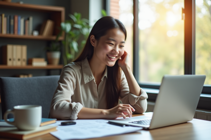Etudiant souriant étudiant en finance avec documents et ordinateur
