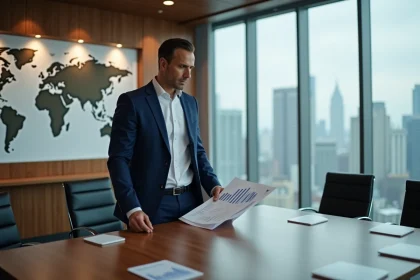 Homme d'affaires en costume navy examine un rapport économique