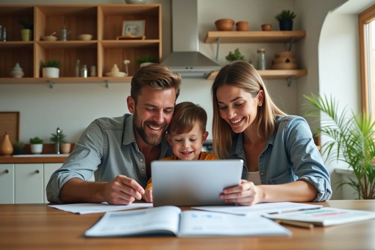 Famille souriante organisant des papiers financiers à la maison