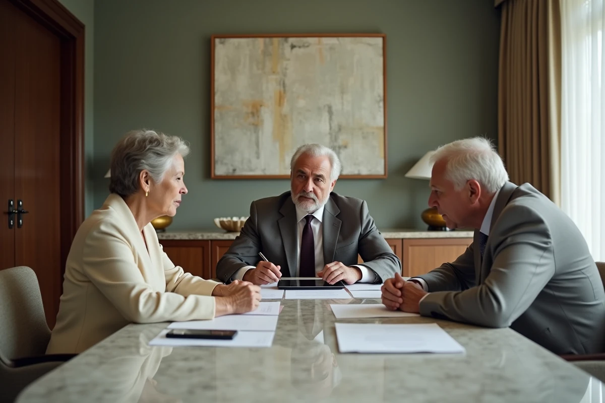 Famille multigénérationnelle réunie autour d'une table pour discuter d'un héritage et de documents légaux