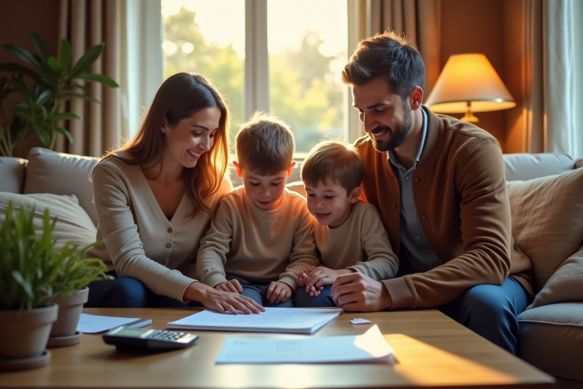 Famille examinant dépenses dans un salon chaleureux