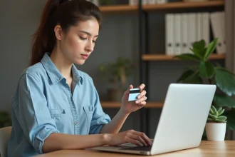 Femme effectuant un premier achat en ligne avec PayPal sur un ordinateur portable à son bureau à domicile