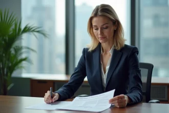 Femme d'affaires en costume bleu dans un bureau moderne