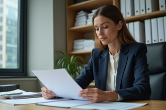 Femme d affaires examinant des documents d assurance