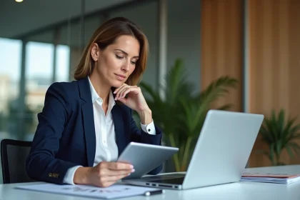 Femme d'affaires en réunion analysant des données financières