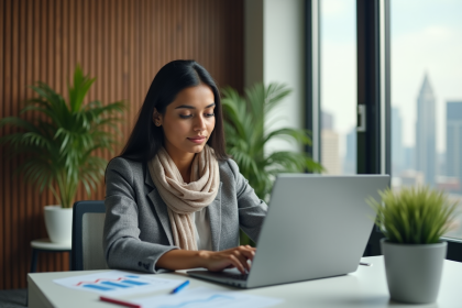 Jeune femme d'affaires indienne travaillant sur un ordinateur