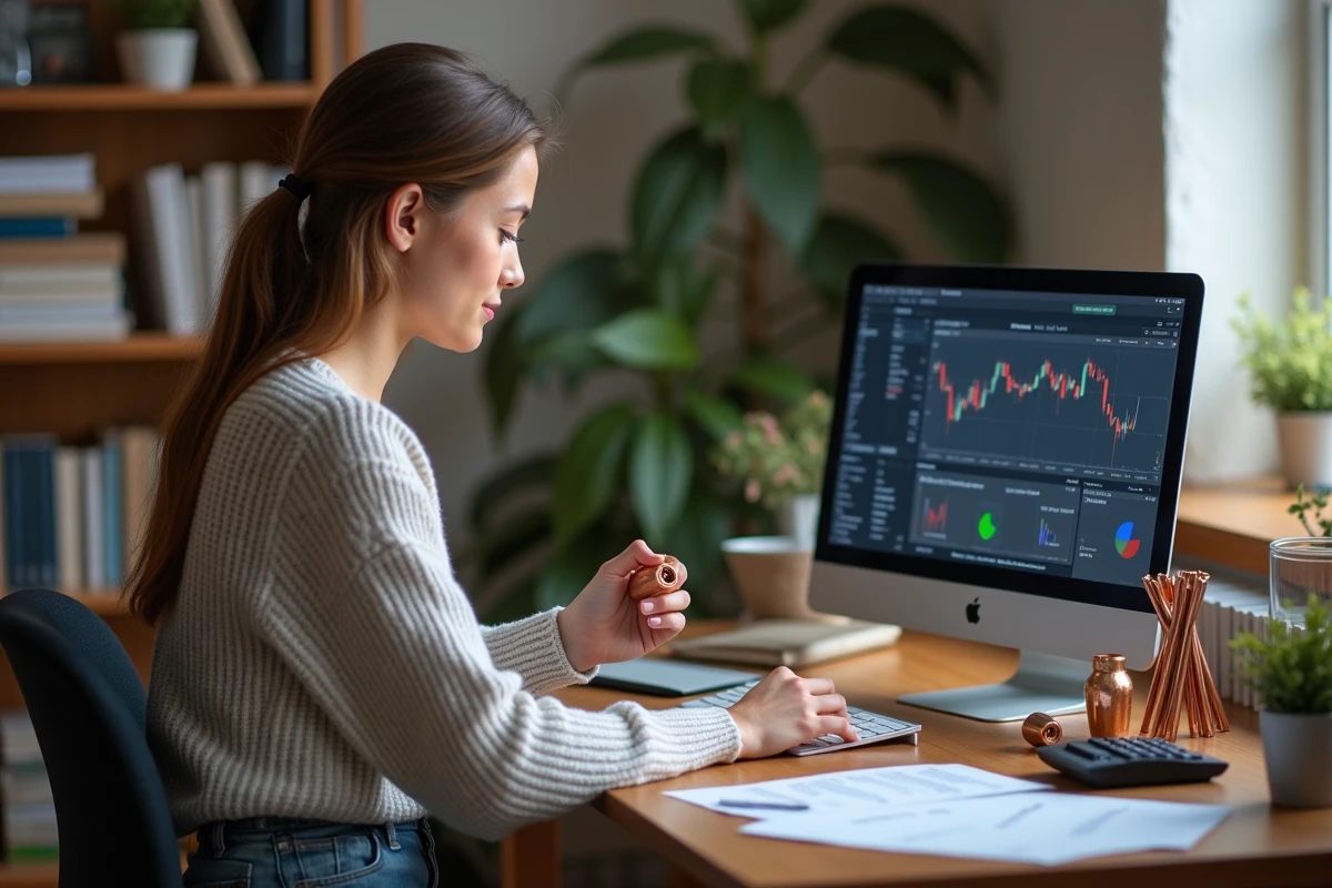 Jeune femme analysant des graphiques de cuivre sur son ordinateur