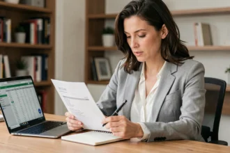 Femme analysant sa fiche de paie à son bureau pour calculer son salaire net en brut