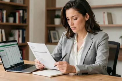 Femme analysant sa fiche de paie à son bureau pour calculer son salaire net en brut