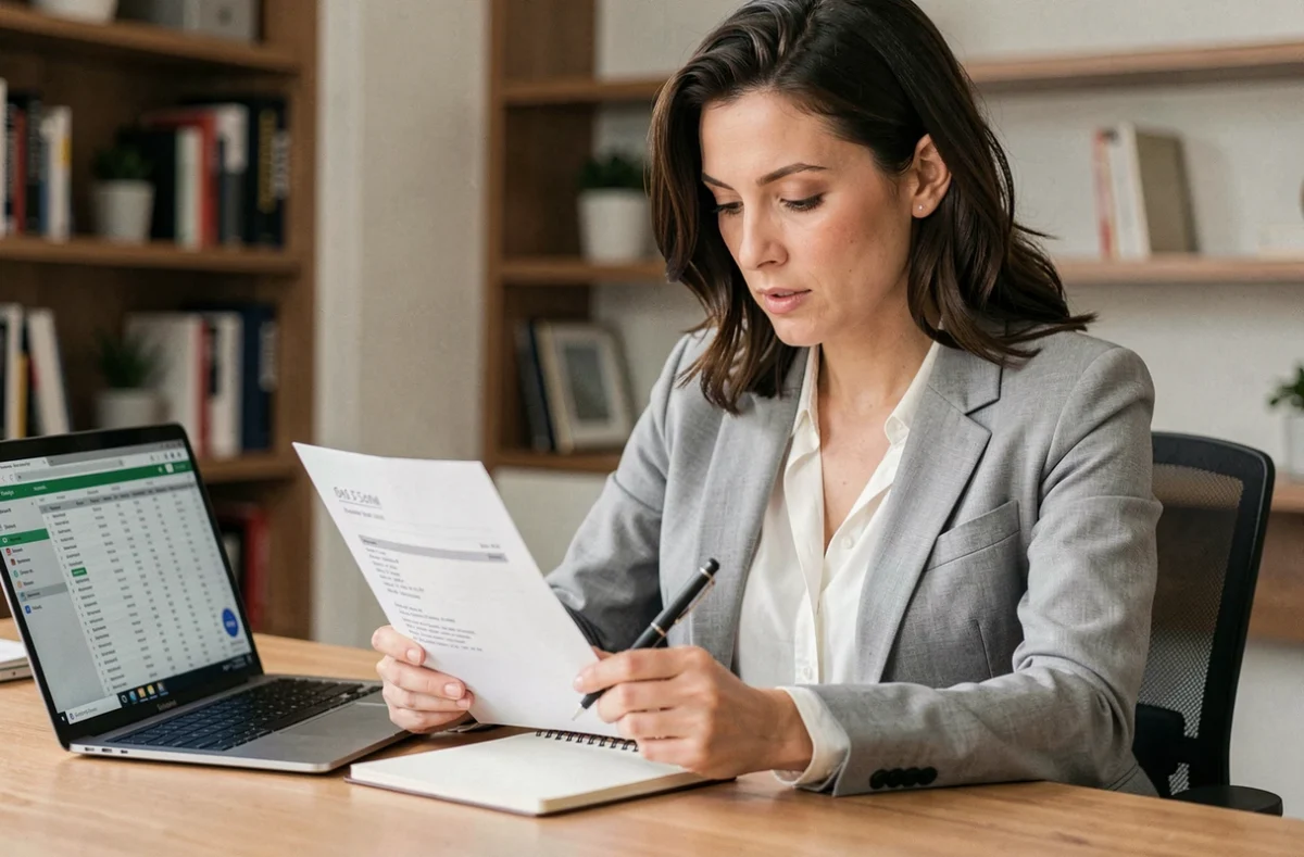 Femme analysant sa fiche de paie à son bureau pour calculer son salaire net en brut