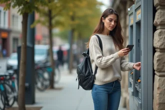 Femme décontractée utilisant un distributeur automatique en ville