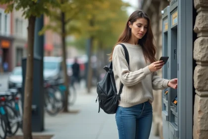 Femme décontractée utilisant un distributeur automatique en ville