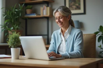 Femme d'une quarantaine utilisant un ordinateur pour consulter ses relevés bancaires