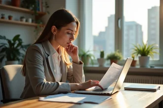 Femme d affaires examinant un relevé bancaire dans un bureau moderne