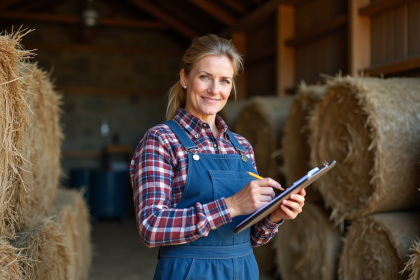 Femme en overalls bleus dans une grange agricole