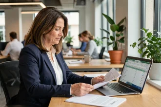 Femme de 40 ans en veste marine consultant des documents sur les droits au chômage avant une rupture conventionnelle dans un bureau moderne