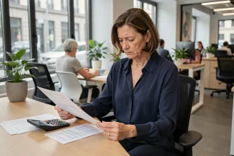 Femme cadre consultant des fiches de paie dans un bureau moderne pour vérifier le nouveau taux horaire du SMIC 2026