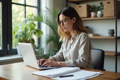 Femme au bureau moderne utilisant un ordinateur portable