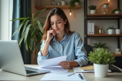 Femme en bureau à domicile avec documents et ordinateur