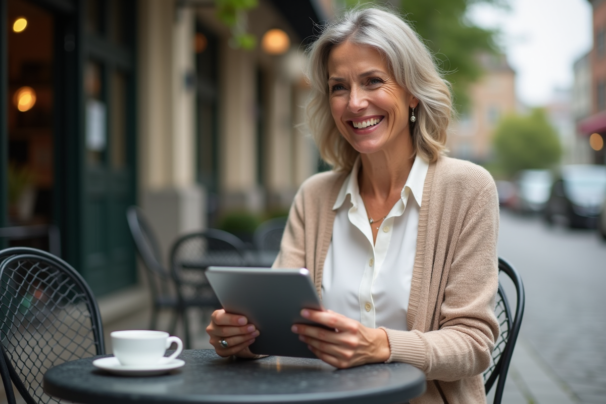 Femme souriante utilisant une tablette avec portefeuille crypto en extérieur