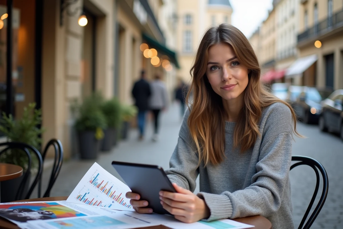 Jeune femme française au café regardant ses graphiques