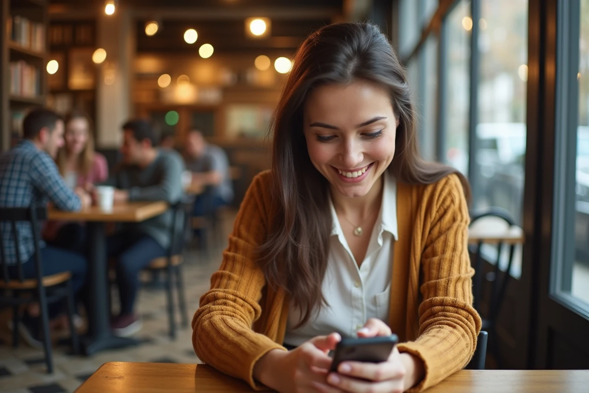 Jeune femme souriante utilisant son téléphone au café