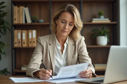 Femme consultant des documents d'assurance Qlara à son bureau à domicile pour faire le bon choix